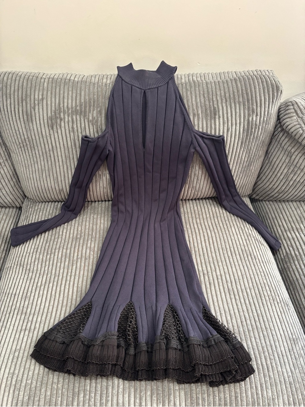 Women's Cold-Shoulder Ribbed Knit Dress in navy blue